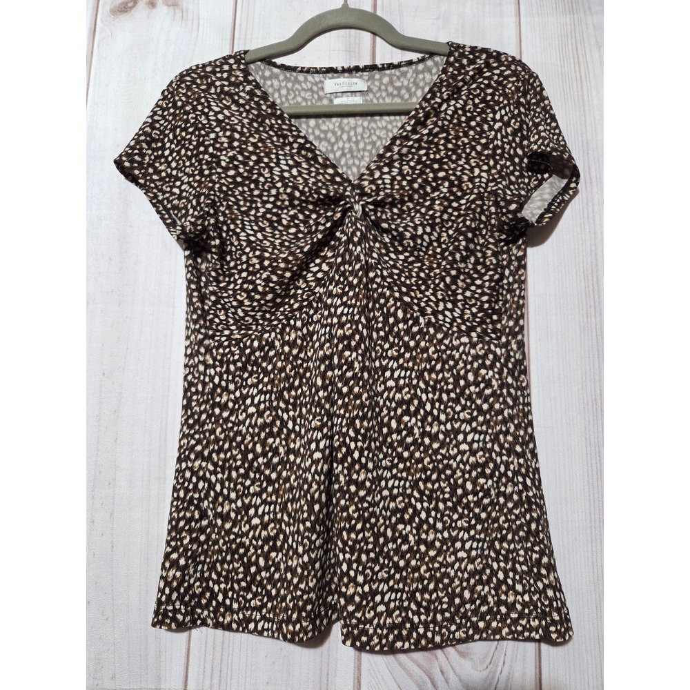 Van‎ Heusen Womens Brown Animal Print Twist V-Neck Short Sleeve Blouse Size M